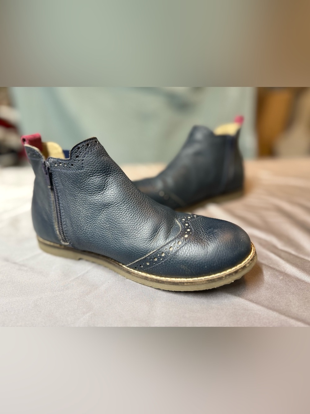 Mini Boden Navy Leather Ankle Booties with Pink Pull Tabs